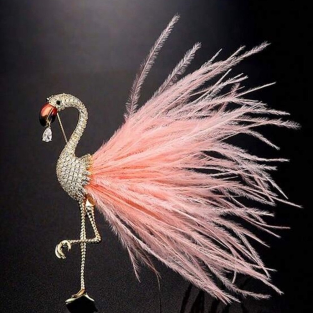 Flamingo Feather Brooch Silver rhinestones diamonds rose gold pink jewelry pin